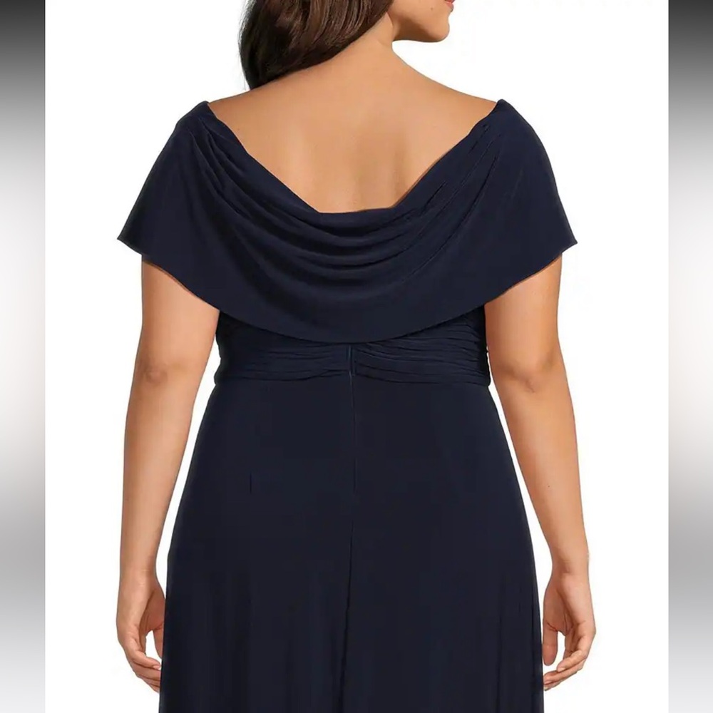 Alex Evenings 20W Long Navy Gown Cowl Cap Sleeves Maxi Slit Jersey Plus Size - Picture 4 of 8
